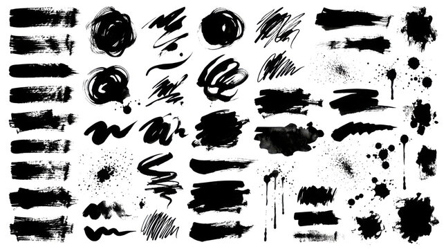 Set of black ink brush stroke and grunge splatter shapes isolated on transparent background