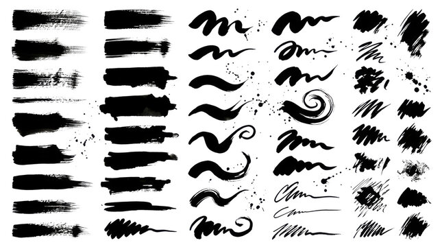 Set of black ink brush strokes and messy paint textures isolated on transparent background