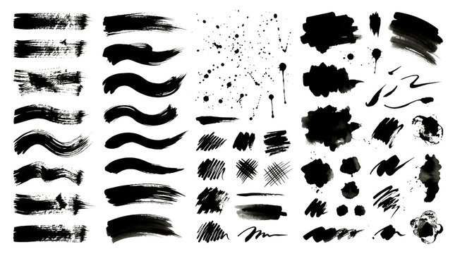 Set of black ink brush strokes and paint splatters isolated on transparent background