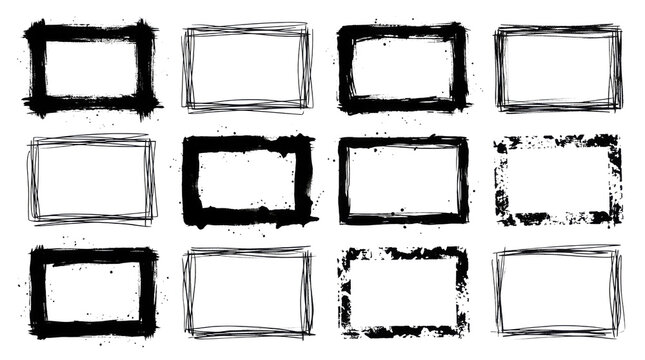 Set of black rectangular grunge frames and border shapes isolated on transparent background
