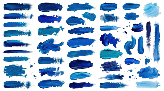 Set of blue watercolor paint brush strokes and textures isolated on transparent background