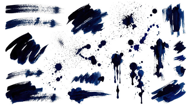Set of dark blue ink brush strokes and messy paint splatters isolated on transparent background