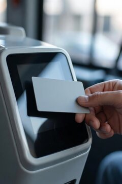 Close up of a passenger hand tapping a contactless smart card or transit pass on a digital validator terminal reader for public transport fare collection or secure access control