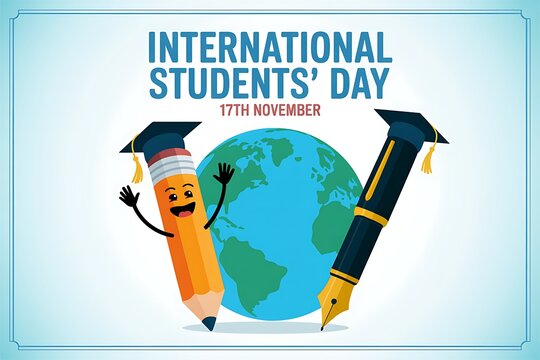 International students day on 17th november, with a cheerful pencil character, pen, and globe