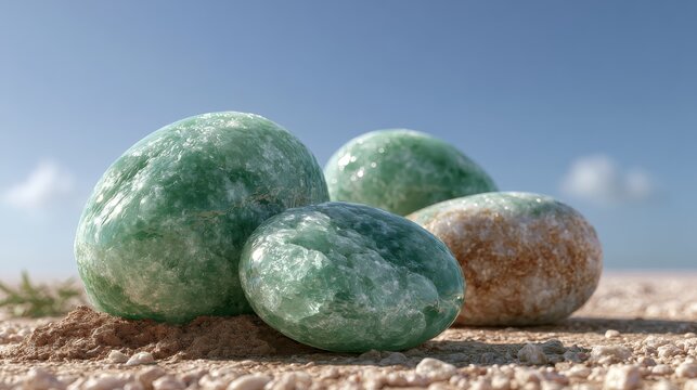 Smooth Stones Under Blue Sky: Smooth, rounded stones with a natural green and orange hue rest on a sandy surface, under a bright blue sky with a few wispy clouds.