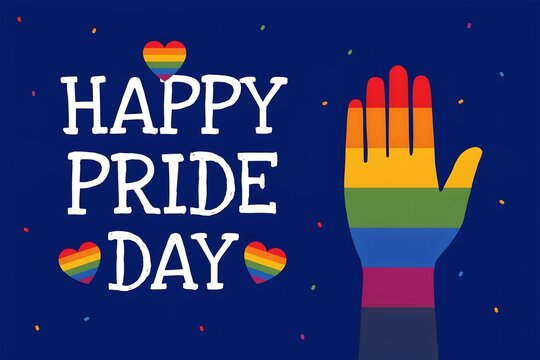 Happy pride day banner with rainbow handprint, hearts, and confetti on a blue background