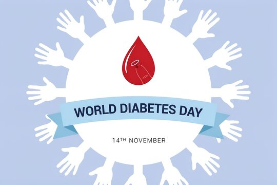 World diabetes day banner with blood drop, finger prick, and hands on 14th november