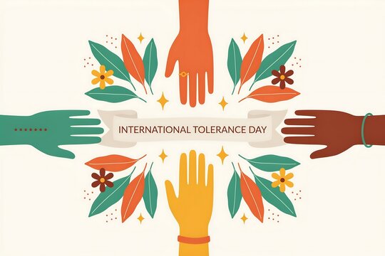 International tolerance day illustration with diverse colorful hands reaching towards a central banner