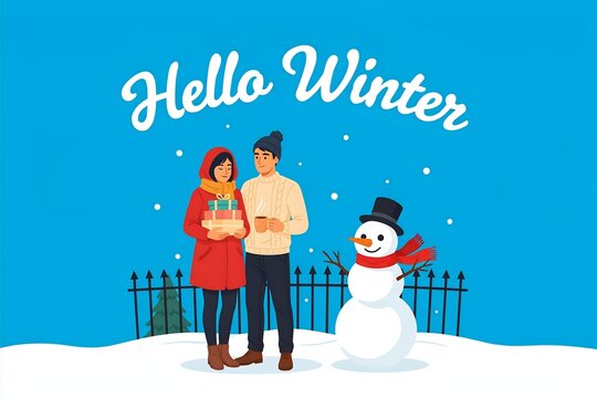 Hello winter scene with a happy couple holding gifts and hot drink, standing next to a snowman in snowy landscape