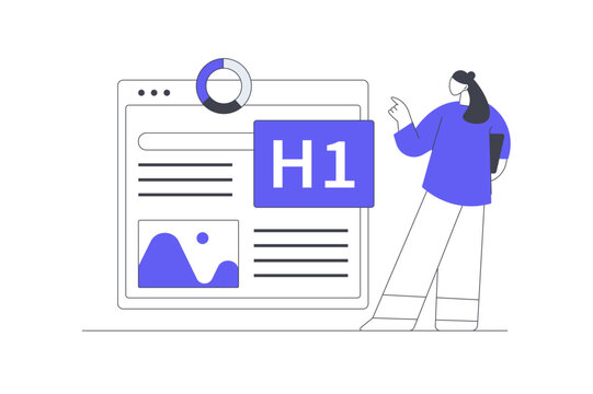 Headings SEO Content Optimization and Website Page Structure. Female Specialist Pointing at Web Page Screen with H1 Heading Tag and Image Element. Flat Cartoon Vector Illustration, icon Stylish web