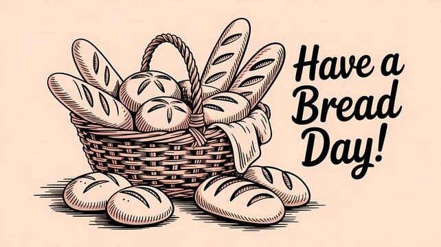 Vintage style illustration of a wicker basket filled with various types of fresh bread
