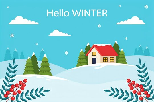 Hello winter landscape with snowcovered hills, pine trees, a cozy house, and snowflakes