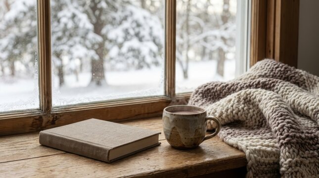 Cozy winter scene with book and mug by snowy window