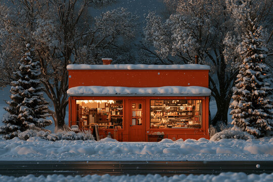 Retro Orange Cafe Exterior in a Snowy Winter Village with Christmas Trees