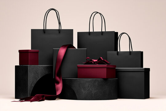 Luxury Black Friday Shopping Background with Black Gift Boxes and Velvet