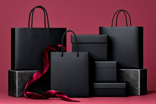 Luxury Black Friday Shopping Background with Black Gift Boxes and Velvet