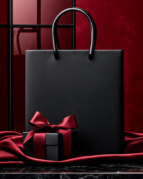 Luxury Black Friday Shopping Bags and Gift Boxes on Dark Stone Podiums