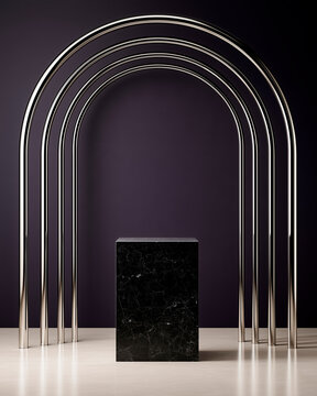 Luxury Black Marble Product Podium with Sculptural Chrome Arches