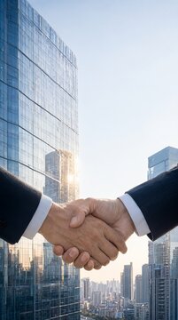 Business Partners Shaking Hands in A Symbiotic Moment Against a Radiant Global Corporate Skyline.