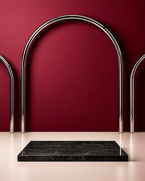 Luxury Black Marble Product Podium with Sculptural Chrome Arches