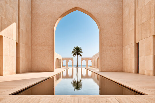 Luxury Arabian Courtyard with Sandstone Arches and Reflecting Pool