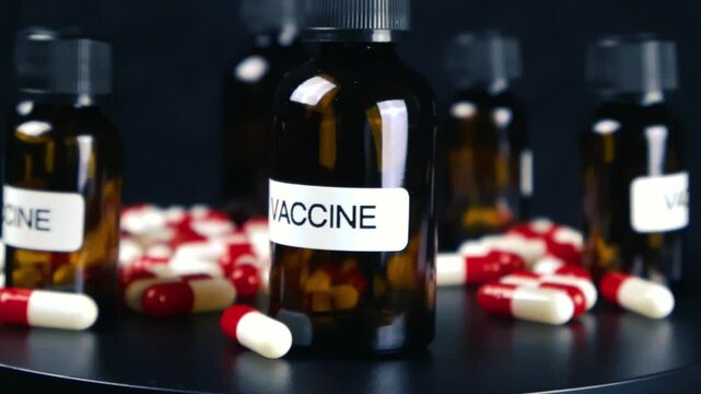 Medical glass vials labeled vaccine and scattered red white antibiotic capsules rotating smoothly on a round surface against dark studio background, representing modern pharmacy