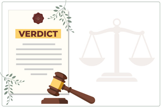 Official court verdict document with wooden judge gavel and justice scales background. Law and justice concept.