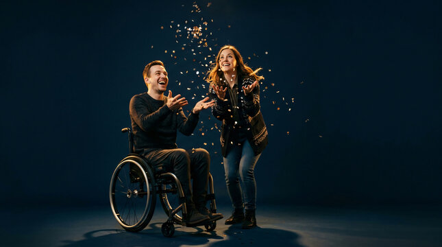 Man in wheelchair and woman celebrating with confetti in studio. Inclusive friendship and joy.