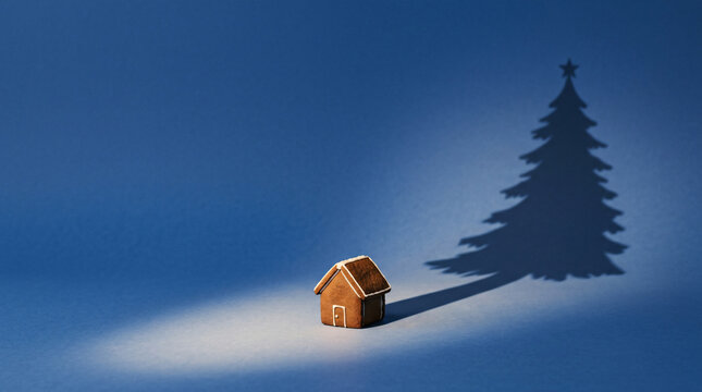 Gingerbread house casting a Christmas tree shadow on blue background. Festive holiday concept.