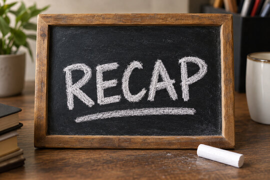 The word "recap" written in bold chalk on a wooden-framed sign resting on a table.