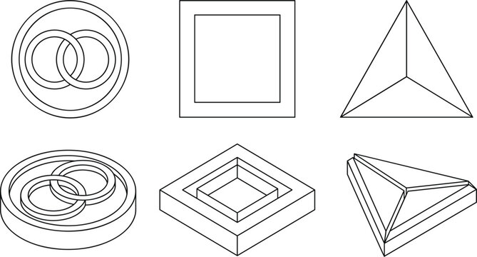 Geometric outline shapes collection showing flat and isometric versions of interlocking rings square frames and triangle pyramids
