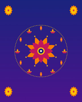 Diwali rangoli mandala design with diya lamps, lanterns and marigold flowers on dark purple background, Indian festival of lights vector