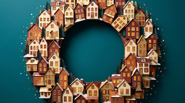 Paper house wreath on a teal background with copy space. Festive holiday neighborhood concept.