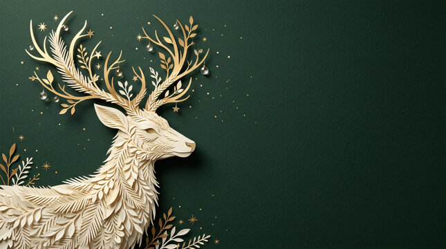 Paper reindeer with golden antlers on dark green background. Elegant Christmas holiday banner with copy space.