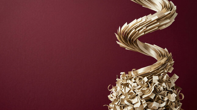Paper sculpture spiraling against a dark red background. Abstract art for creative design.