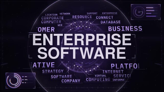 Enterprise software animated word cloud HUD, text design animation, seamless loop