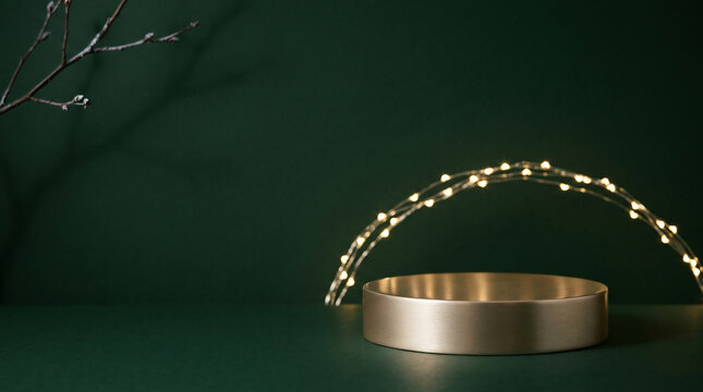 Gold pedestal with fairy lights and branch on dark green background. Elegant holiday product display mockup.