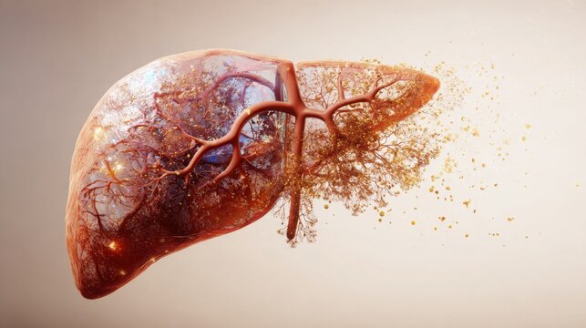 realistic anatomical 3D visualization of a healthy human liver with a subtle translucent cutaway revealing branching blood vessels and bile ducts