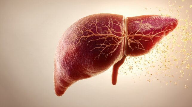 realistic anatomical 3D visualization of a healthy human liver with a subtle translucent cutaway revealing branching blood vessels and bile ducts