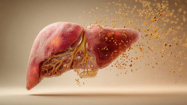 realistic anatomical 3D visualization of a healthy human liver with a subtle translucent cutaway revealing branching blood vessels and bile ducts