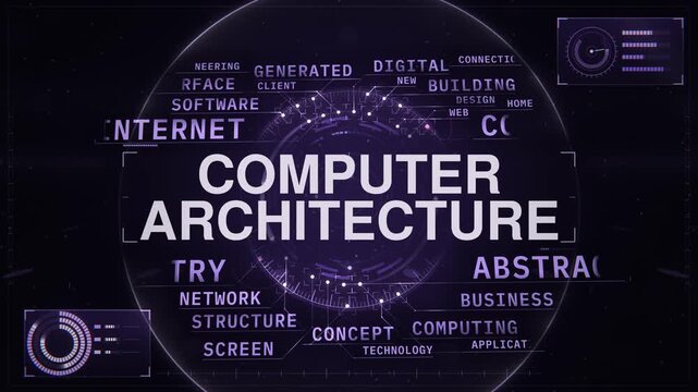 Computer architecture animated word cloud HUD, text design animation, seamless loop