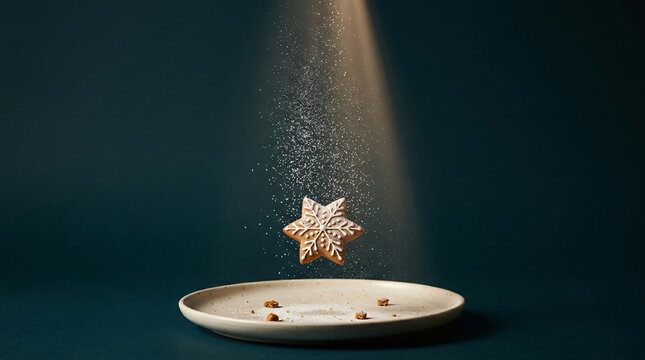 Gingerbread cookie floating above a plate with falling powdered sugar. Festive Christmas baking concept.