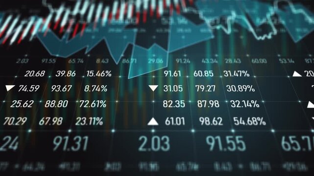 Dark digital monitor screen showing growth and trading trends, financial investment analysis capital wealth stock market price numbers and candlestick chart data displayed
