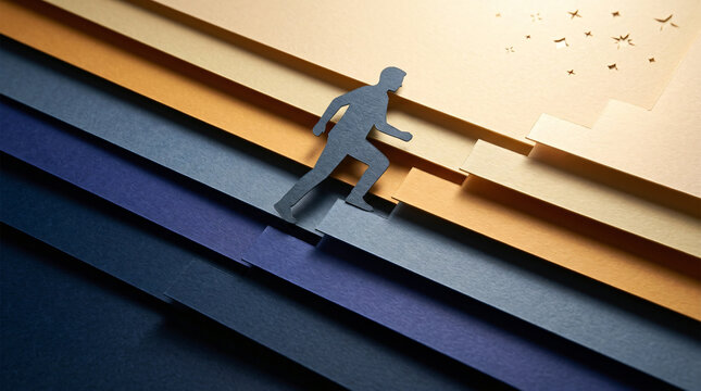 Paper silhouette man climbing stairs made of layered paper. Concept of career growth and success.