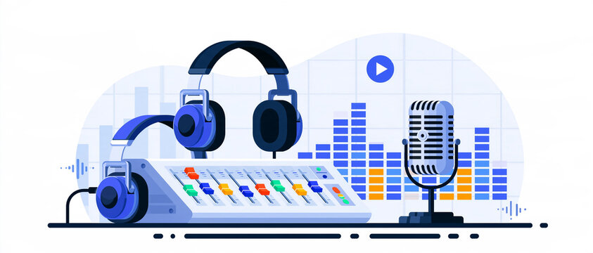 Banni&egrave;re studio d'enregistrement : console de mixage, casque audio, microphone et ondes sonores, isol&eacute;e sur fond blanc