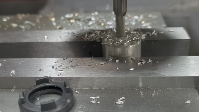 Close-up of a milling machine cutting an aluminum component as bright metal shavings scatter across the work surface in a precision manufacturing workshop.