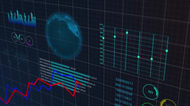 Visual diagram global stocks statistics and performance data, line graph upward trend trading volume interface  dashboard multi-function summarize