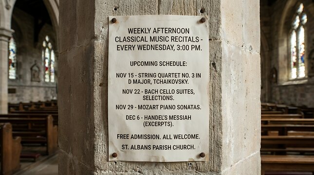 Informative printed announcement poster advertising weekly afternoon classical music recitals and concert event schedules pinned securely to a stone architectural pillar inside a historic old church