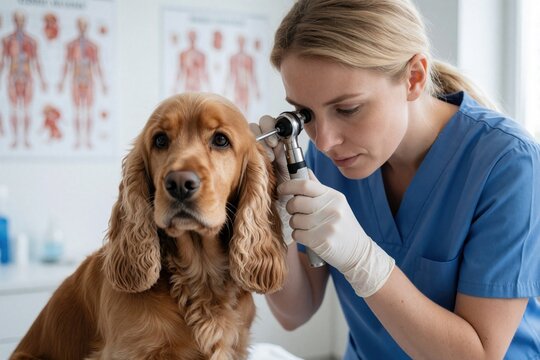 Professional female veterinarian in blue scrubs uses otoscope to check ear of golden cocker spaniel. Vet performs medical exam on dog in clinic. Specialist examines pet health with diagnostic tool