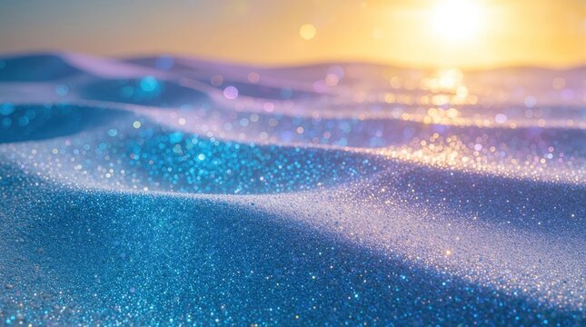 Abstract blue glitter texture with sparkling sand ripples. Bright sun flare shines from top corner over shimmering particles. Magical bokeh effect creates dreamy atmosphere on wavy surface. Beautiful